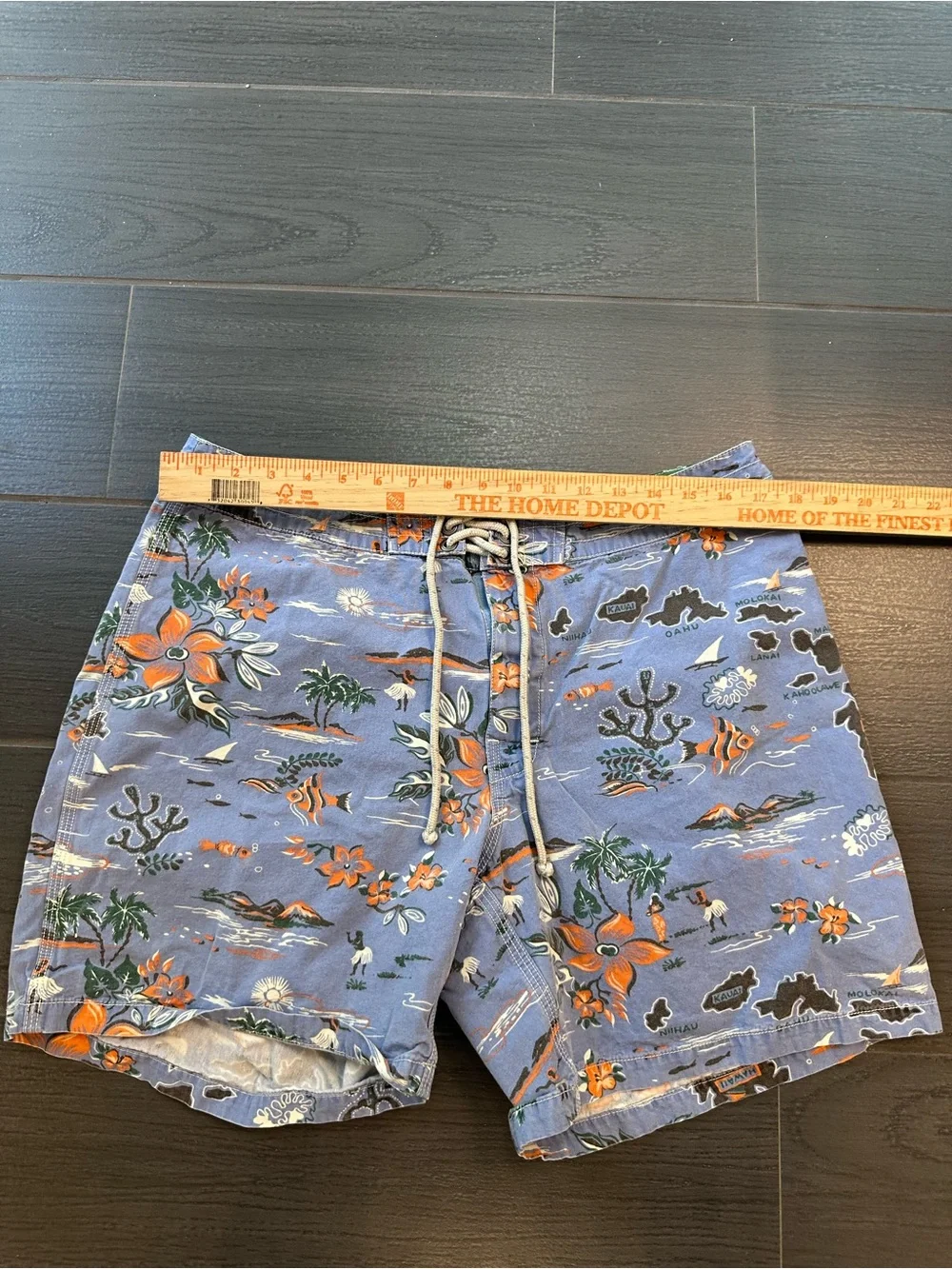 J. Crew Blue Hawaiian Map Print Swim Trunks with Orange Floral Accents